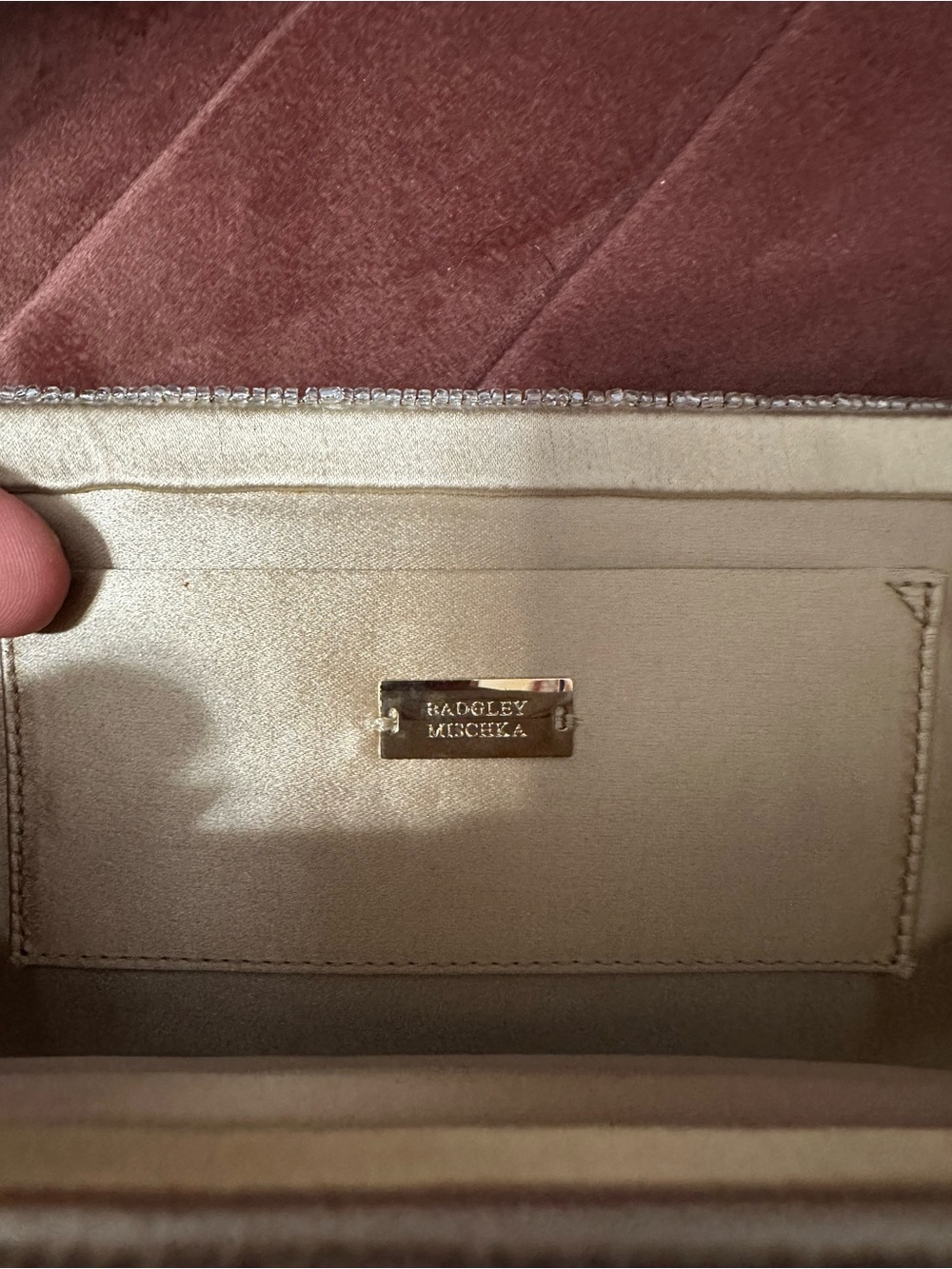 Badgley Mischka Champagne Velvet Beaded Evening Clutch | Made in Italy - Picture 6 of 8
